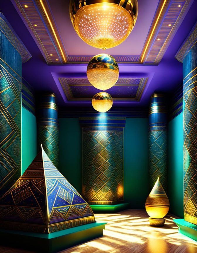 Luxurious Room with Egyptian Motifs and Illuminated Pyramids