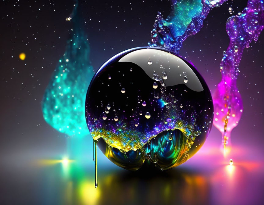 Colorful Yin-Yang Design on Glossy Spherical Object Amid Cosmic Background