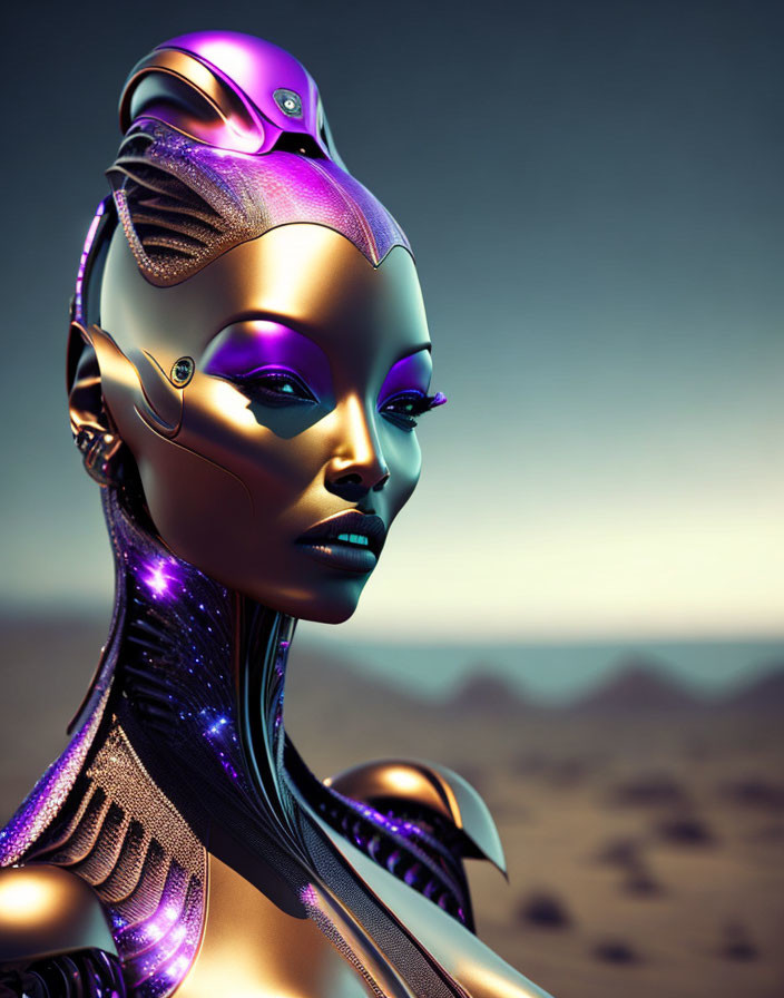 Futuristic female android with sleek metallic design in desert setting