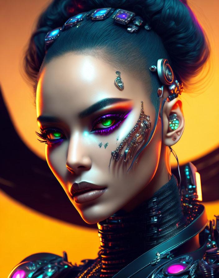 Female cyborg digital artwork with intricate mechanical details and glowing purple eye makeup on warm backdrop.