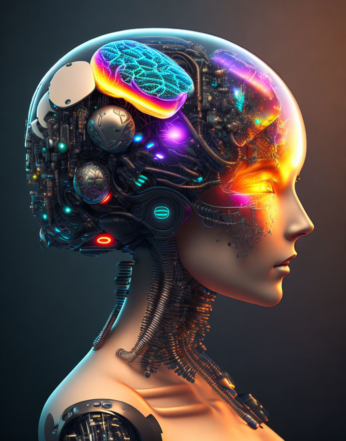 Futuristic female android head with exposed neon-lit brain