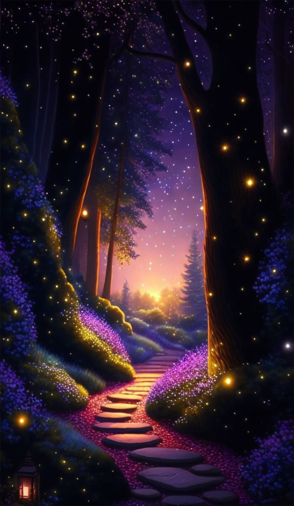 Enchanting pathway through mystical forest with glowing flowers and lanterns