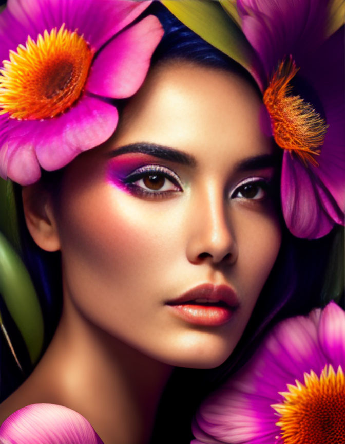 Colorful floral makeup woman surrounded by vibrant flowers