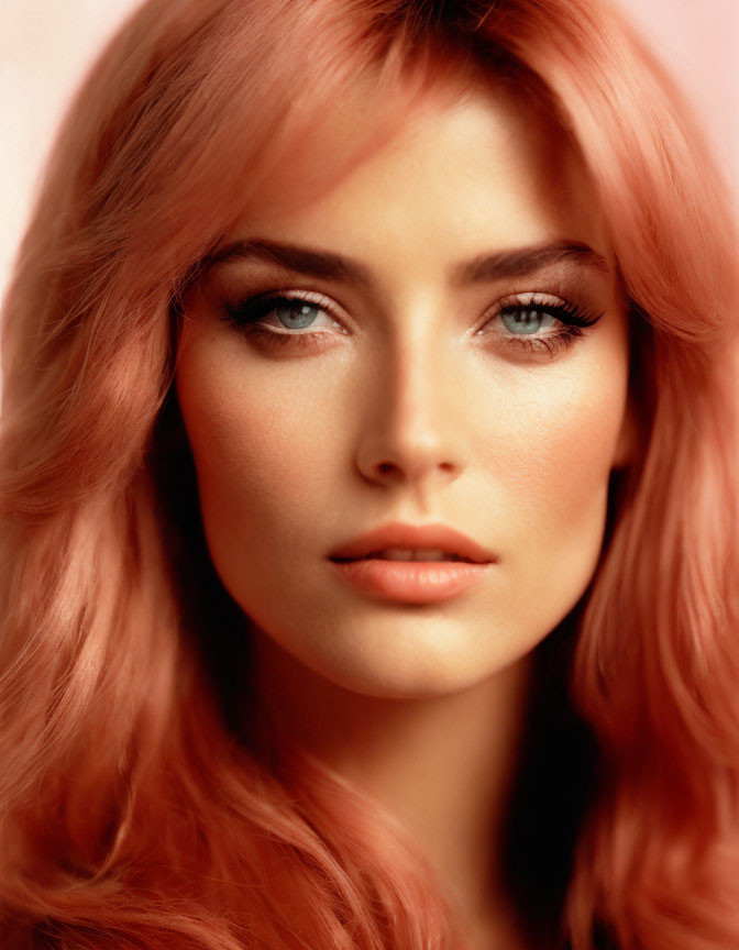 Portrait of woman with peach hair, blue eyes, and glowing skin on pink backdrop