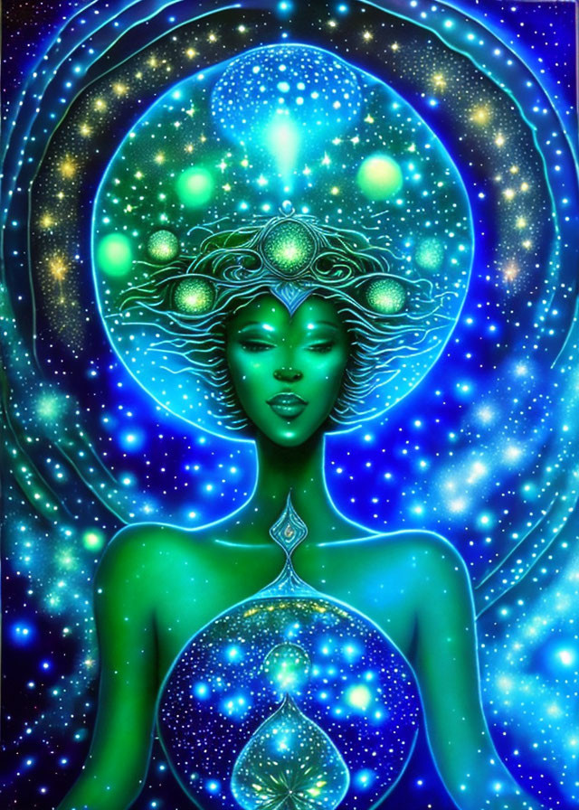 Cosmic-themed illustration of a woman with glowing energy and celestial orbs