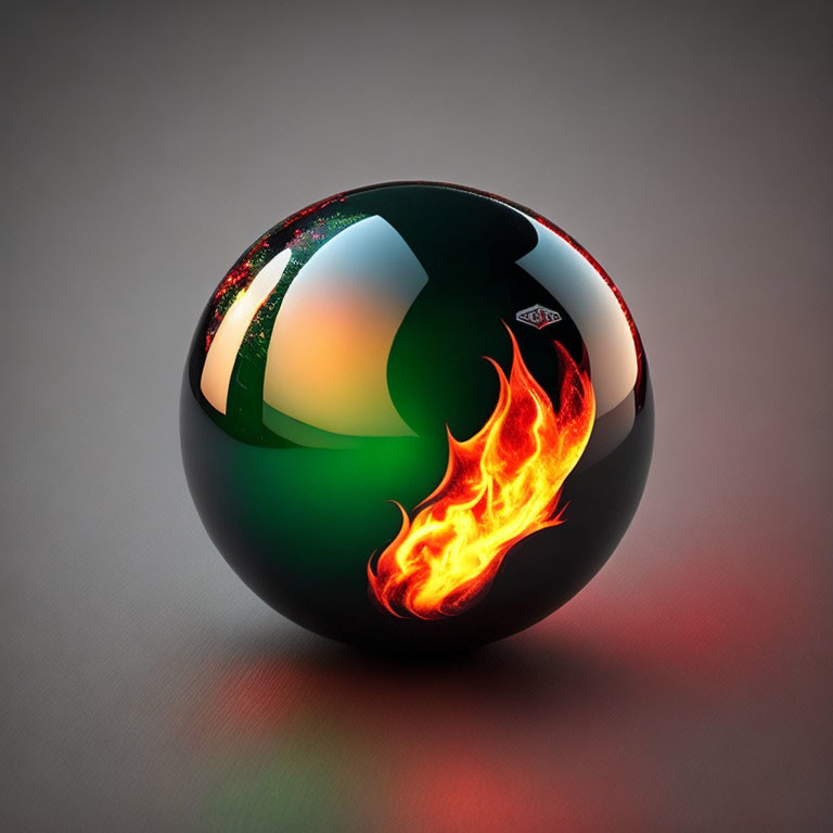 Colorful glossy sphere reflecting green and orange hues.