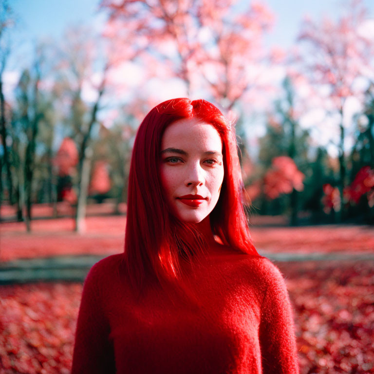 Striking red-haired woman in red sweater in autumn park