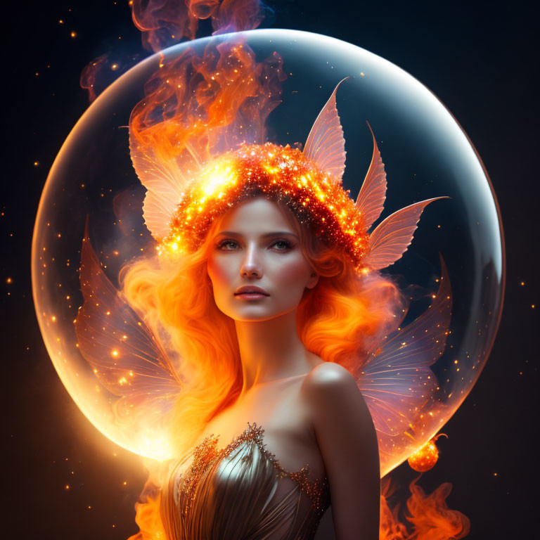 Surreal portrait of woman with orange hair and butterfly wings on dark backdrop