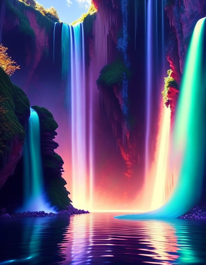 Fantasy waterfall digital artwork with neon blue and purple hues