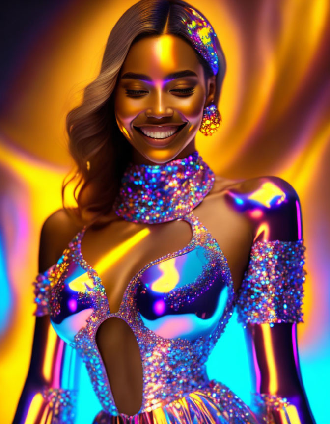 Sparkling makeup and dress on a joyful woman under colored lights