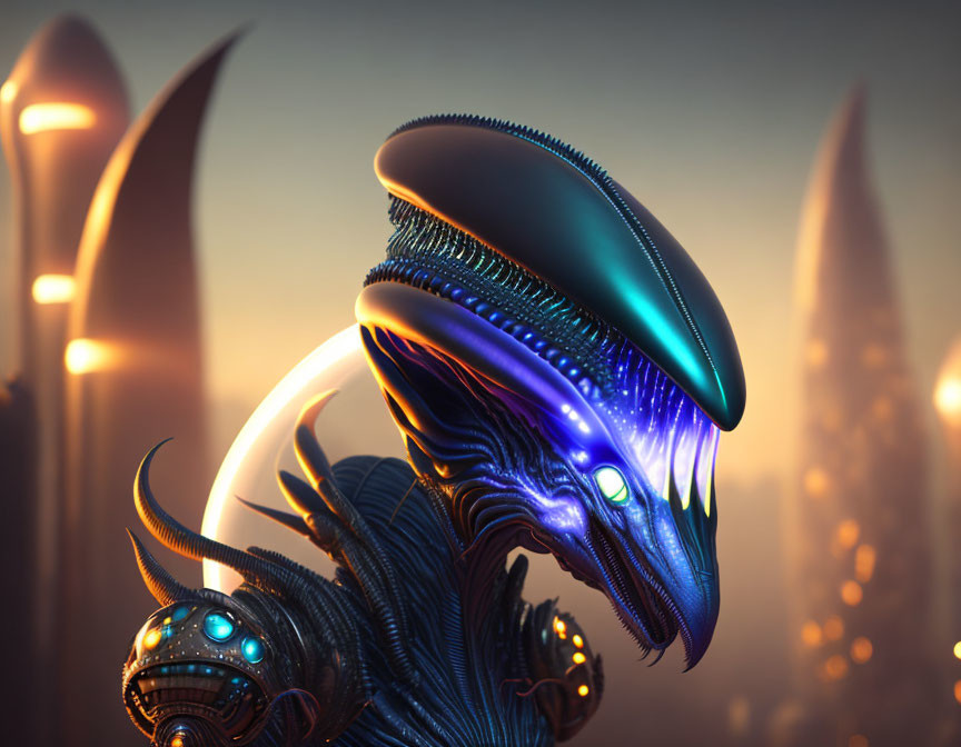 Metallic dragon-like creature in futuristic cityscape.