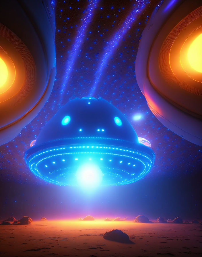 Glowing UFO over alien landscape with radiant light and stars, flanked by structures