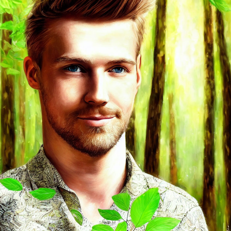 Digital portrait of young man with beard and styled hair against forest backdrop.