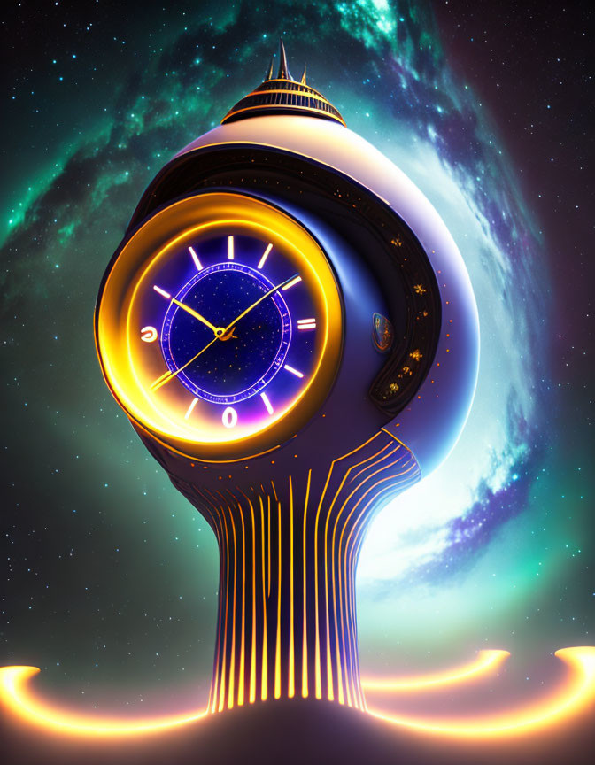 Surreal cosmic building in wristwatch shape against starry space background