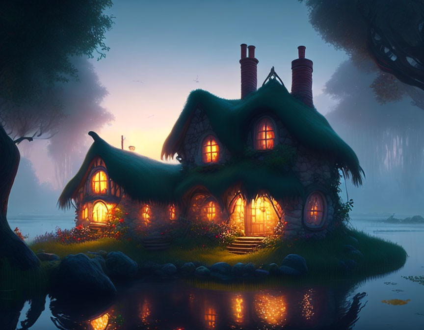 Thatched Roof Cottage in Twilight Forest by Serene Lake