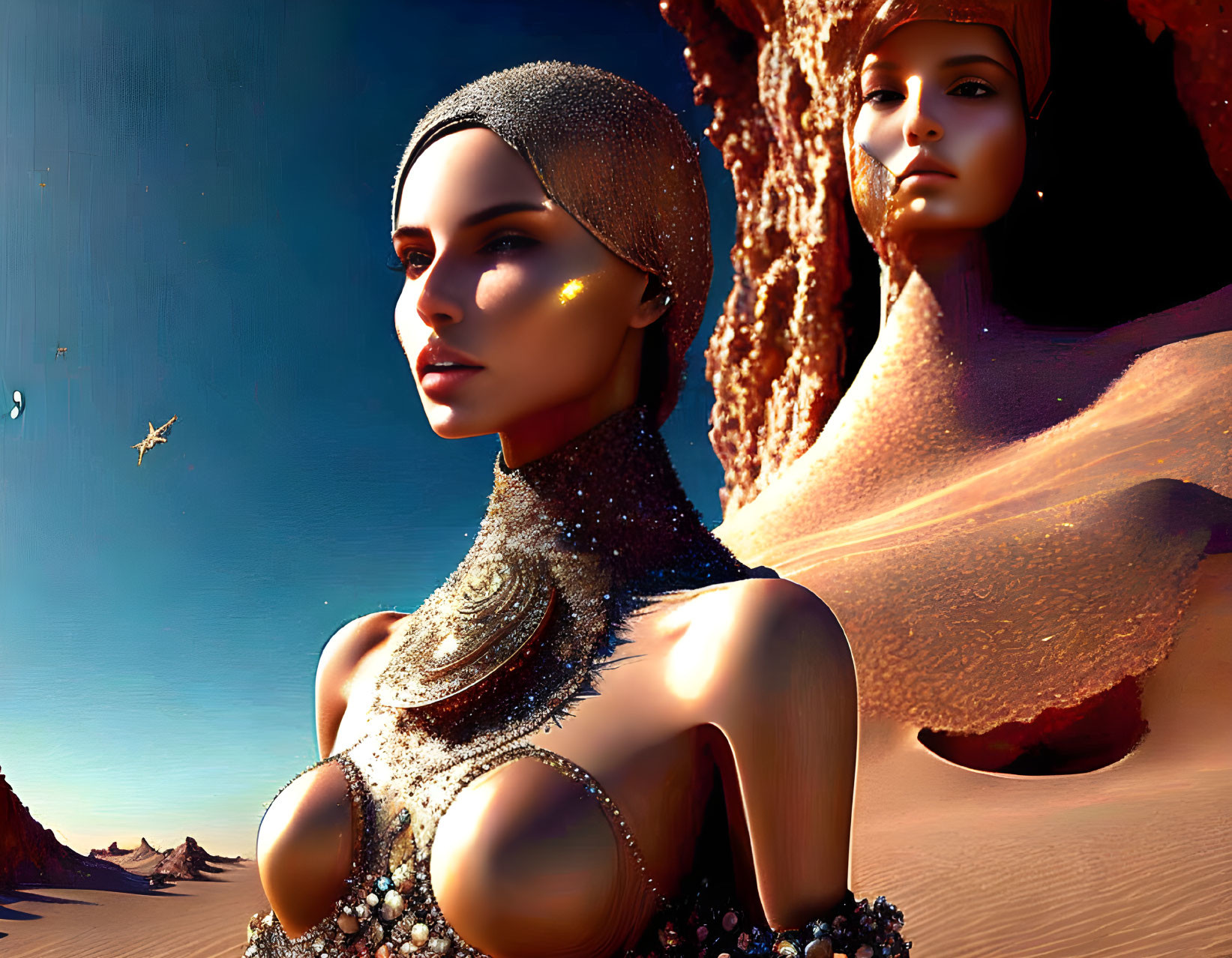 Futuristic digital artwork of two golden figures in surreal desert scene