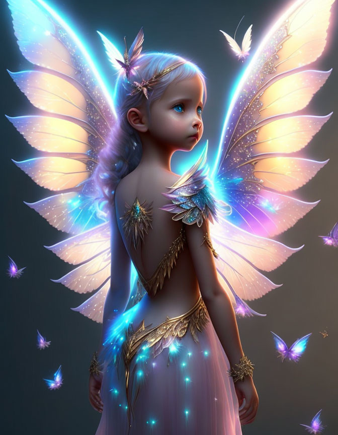 Digital artwork: Young girl with luminescent butterfly wings and butterflies, fantasy theme