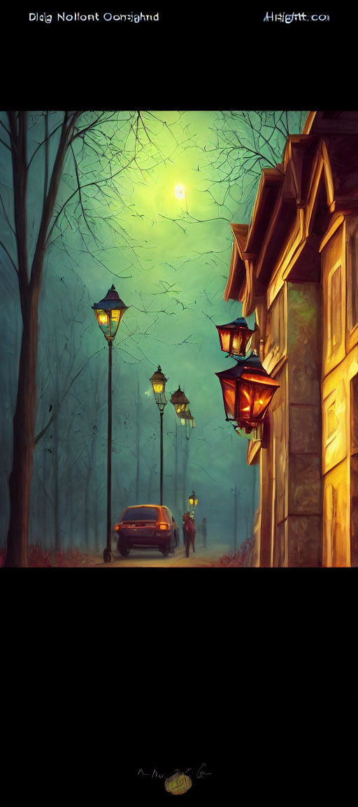 Misty Nocturnal Street Scene with Glowing Lamps and Silhouette