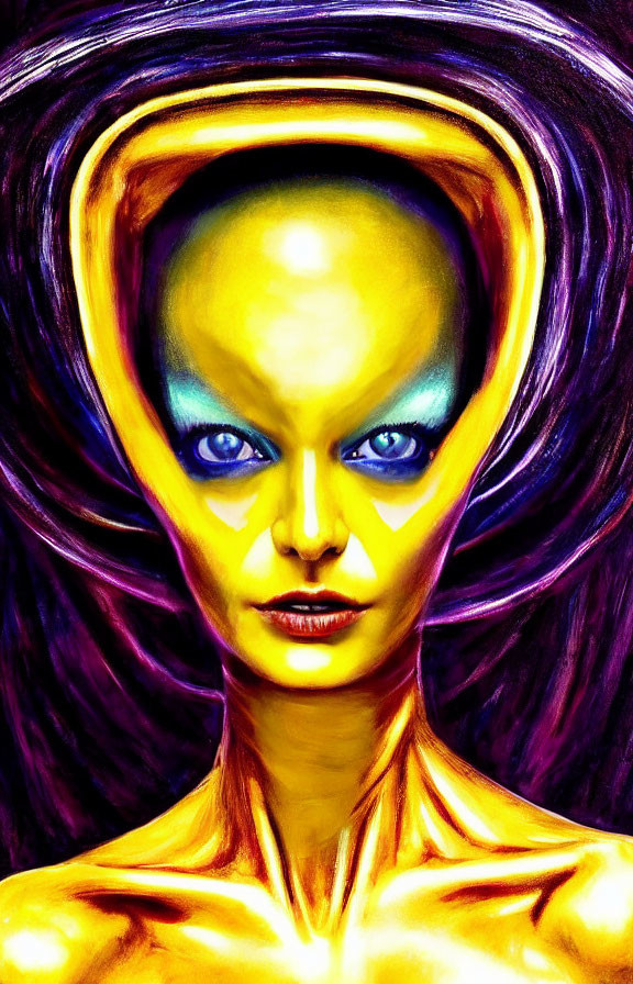 Colorful humanoid portrait with elongated yellow head and swirling aura.