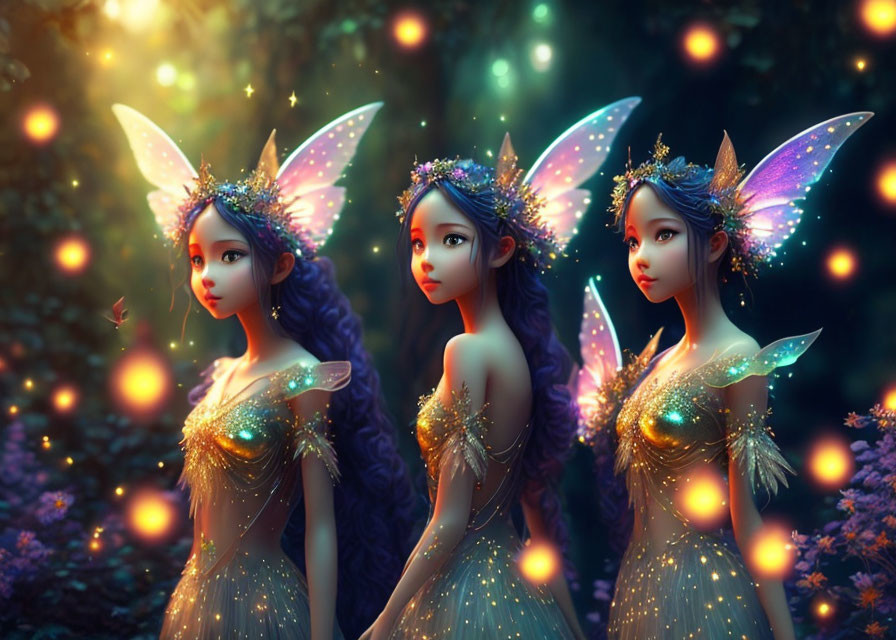 Ethereal fairies with iridescent wings in magical forest