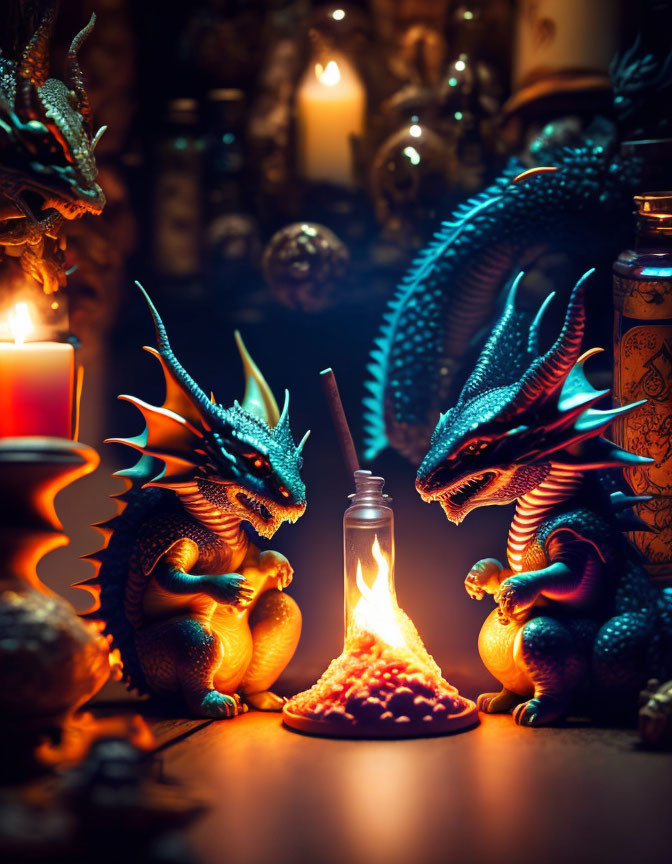 Fantasy dragon figurines with lit flame and mystical items in dimly lit setting