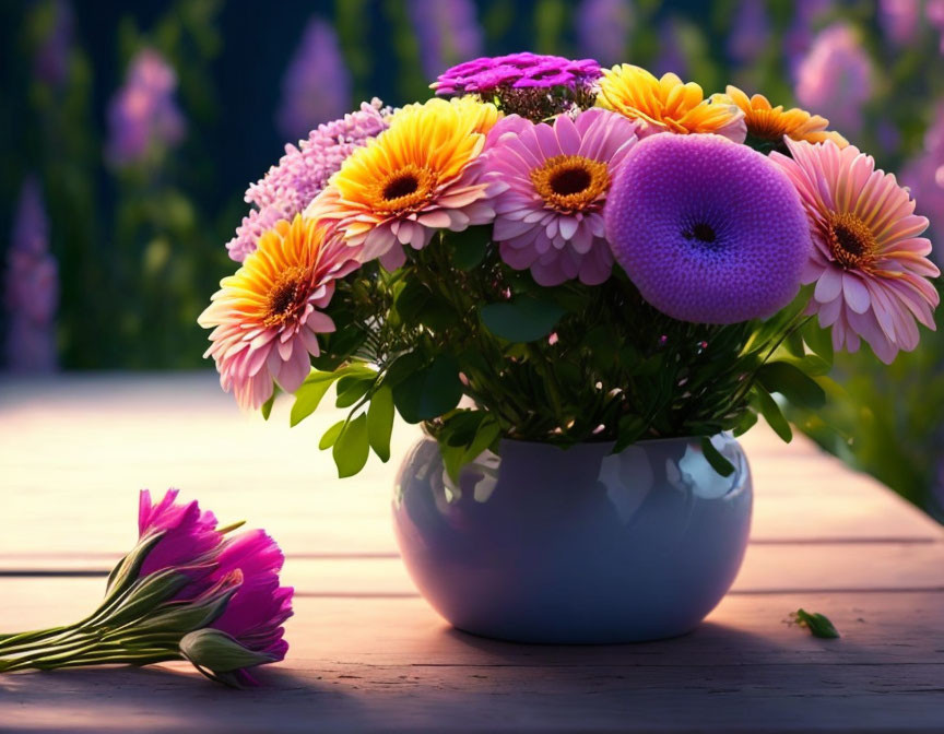 Colorful Gerbera Daisies Bouquet on Wooden Table with Purple Flowers Background