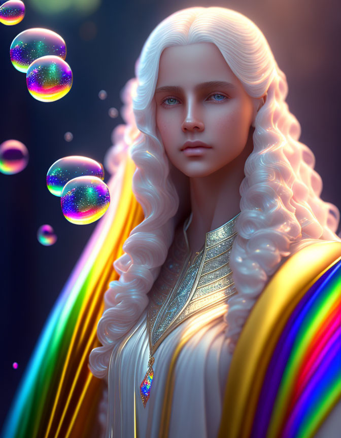 Digital artwork featuring person with long white hair and rainbow light streaks amidst iridescent soap bubbles.