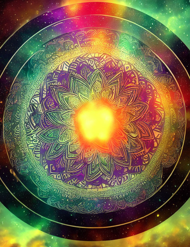 Colorful Cosmic Mandala with Radiant Light and Nebula Background