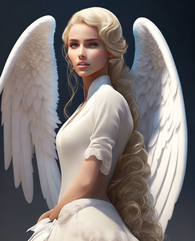 Digital Artwork: Woman with Angel Wings and Long Blonde Hair in White Dress