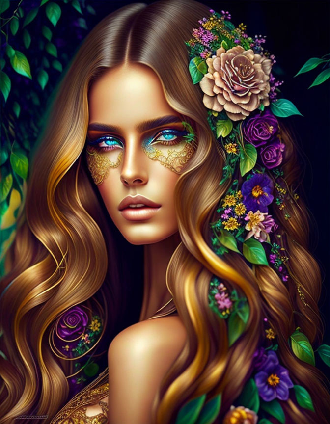 Vibrant flower-adorned woman with wavy hair and gold leaf makeup