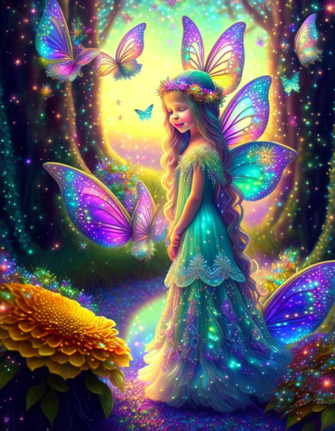 Enchanting fairy with glistening wings in radiant forest