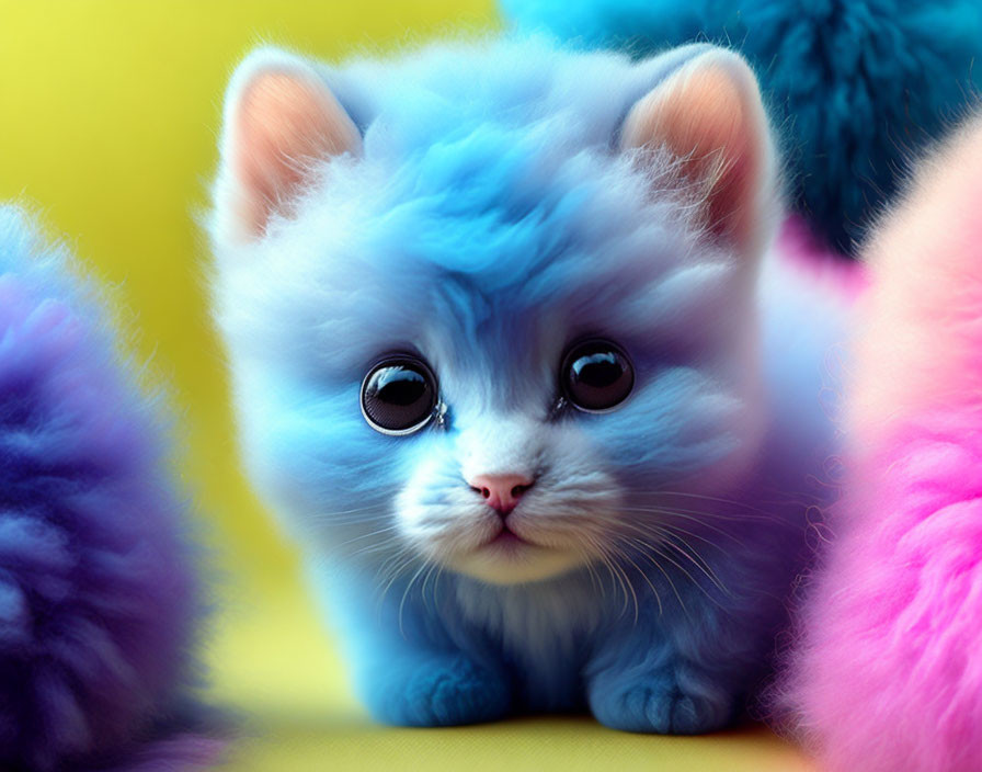 Whimsical blue-furred kitten with expressive eyes in colorful setting