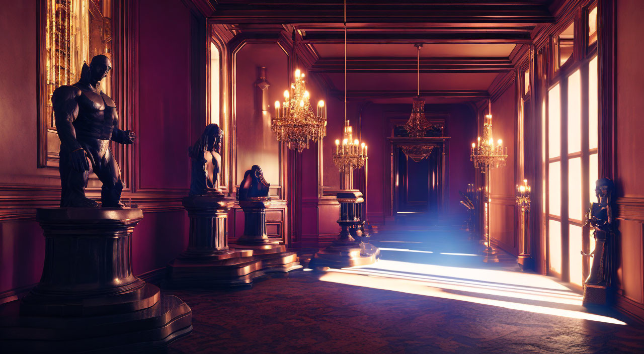 Grand Hallway with Statues, Chandeliers, Sunlight, and Seated Figure