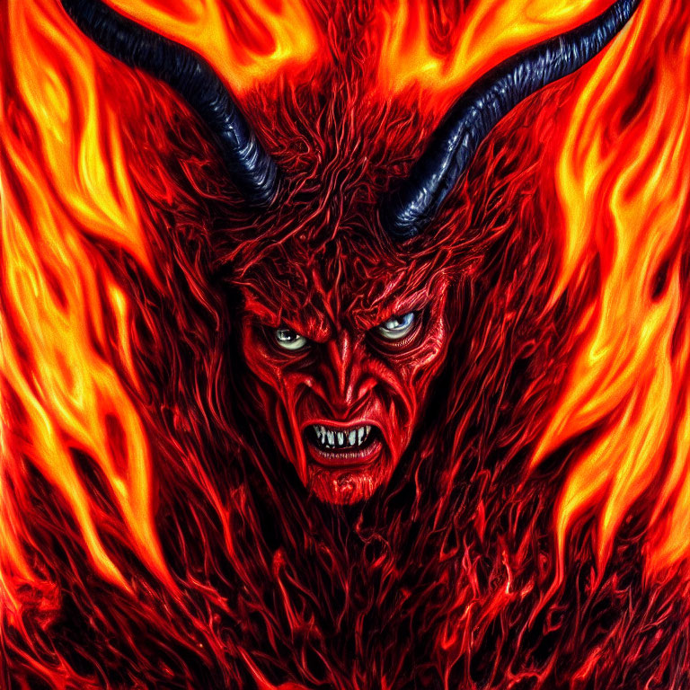 Menacing horned creature engulfed in flames