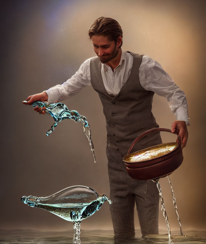 Man in vintage attire pouring liquid gold and controlling floating glass bottle