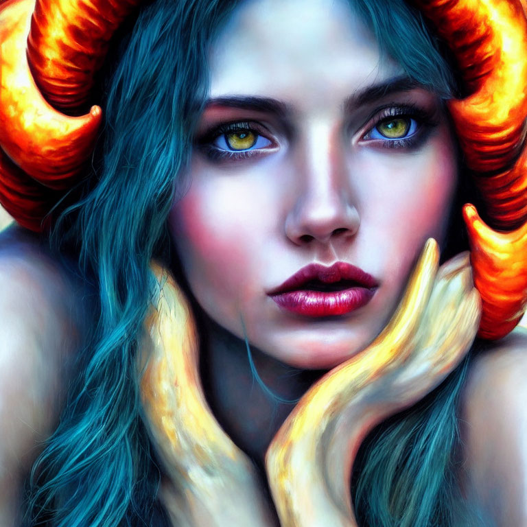 Fantasy portrait: woman with blue hair, yellow eyes, orange and yellow ram horns