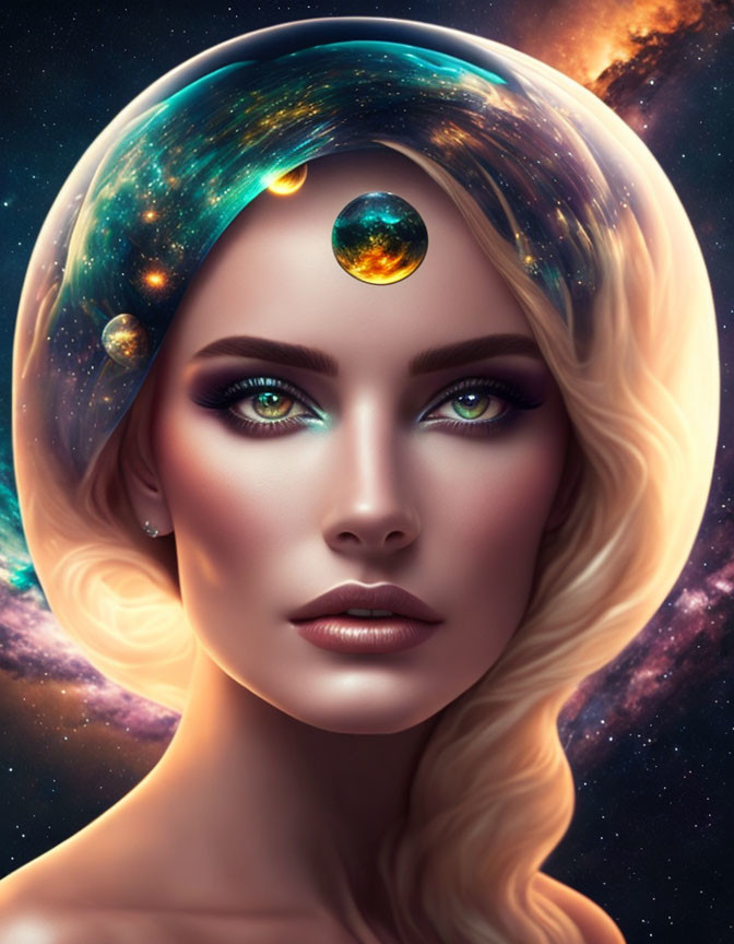 Cosmic-themed digital artwork of a woman with space makeup