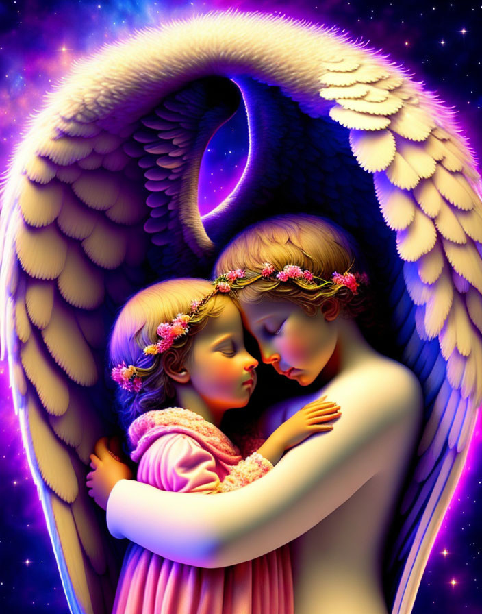 Angelic figures embracing in vibrant cosmic scene