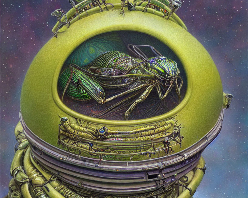 Surreal robotic bug creature in spherical habitat with tiny humanoid figures.