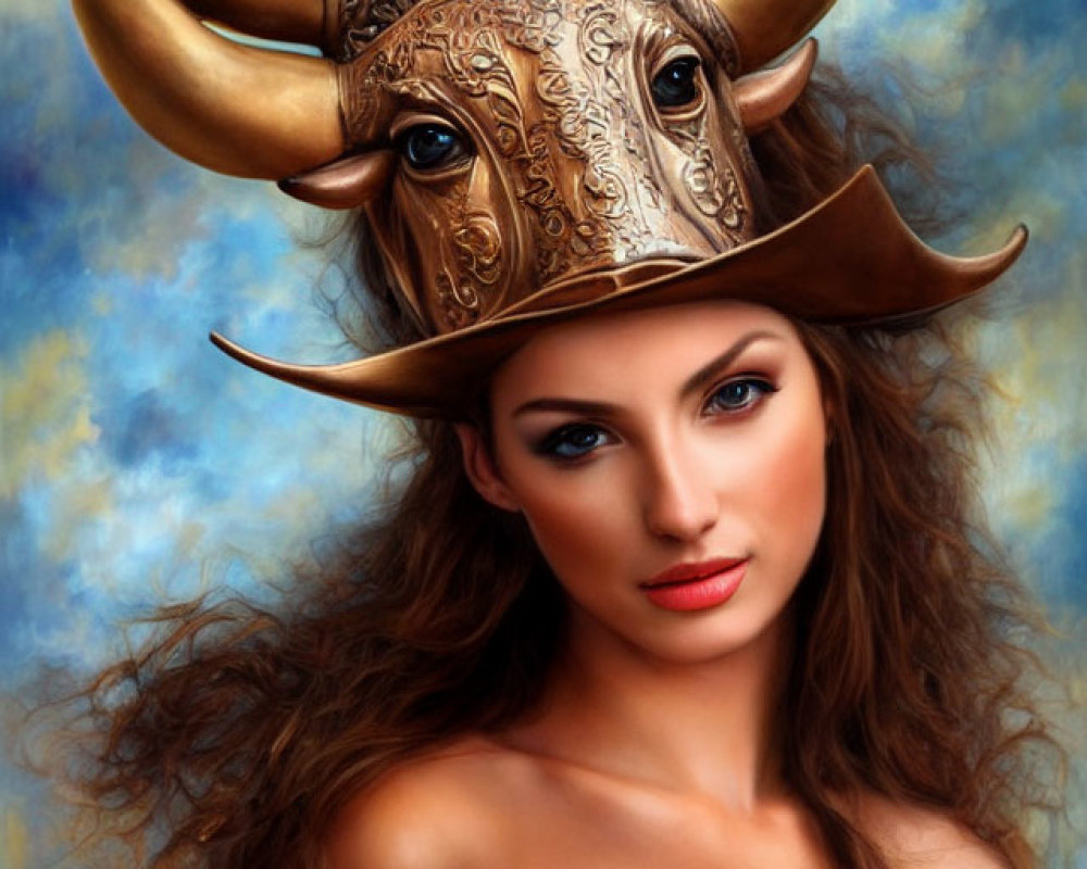 Woman wearing ornate bull mask on blue cloudy background