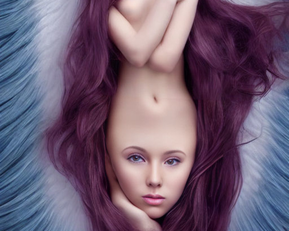 Surreal image of woman with purple hair and mirrored white wings