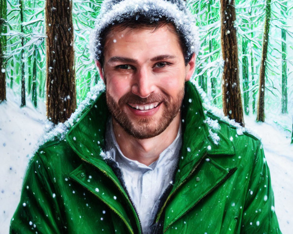 Smiling person in green jacket with snowflakes in snowy forest