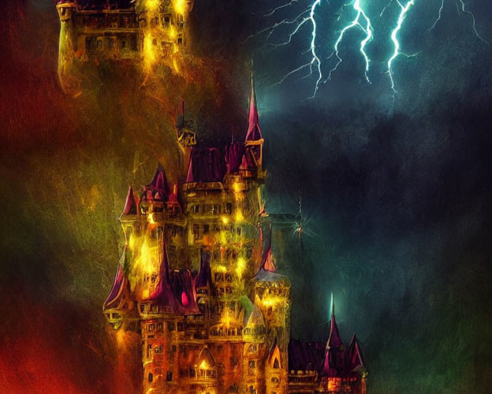 Mirrored castles in stormy sky with vibrant lightning bolts