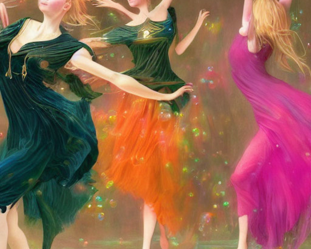 Three Women Dancing in Colorful Dresses Amidst Floating Bubbles