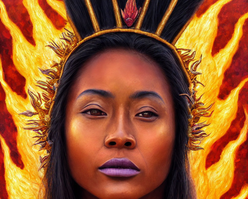 Regal woman with headdress in flames gazes ahead