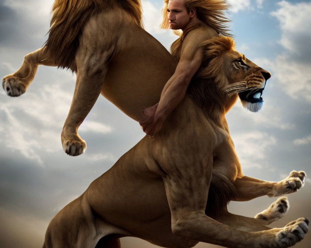 Digital artwork of man with lion's mane merged into roaring lion against cloudy sky