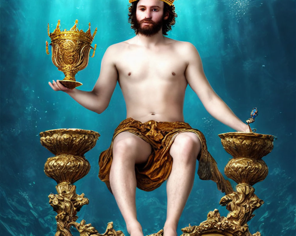 Bearded man on golden throne with crown, holding cup, blue bird nearby