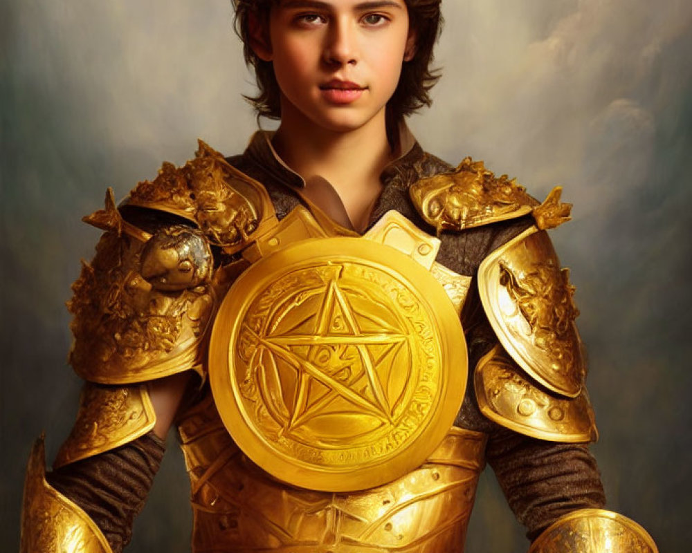 Young person in golden armor with star emblem and crown against cloudy backdrop