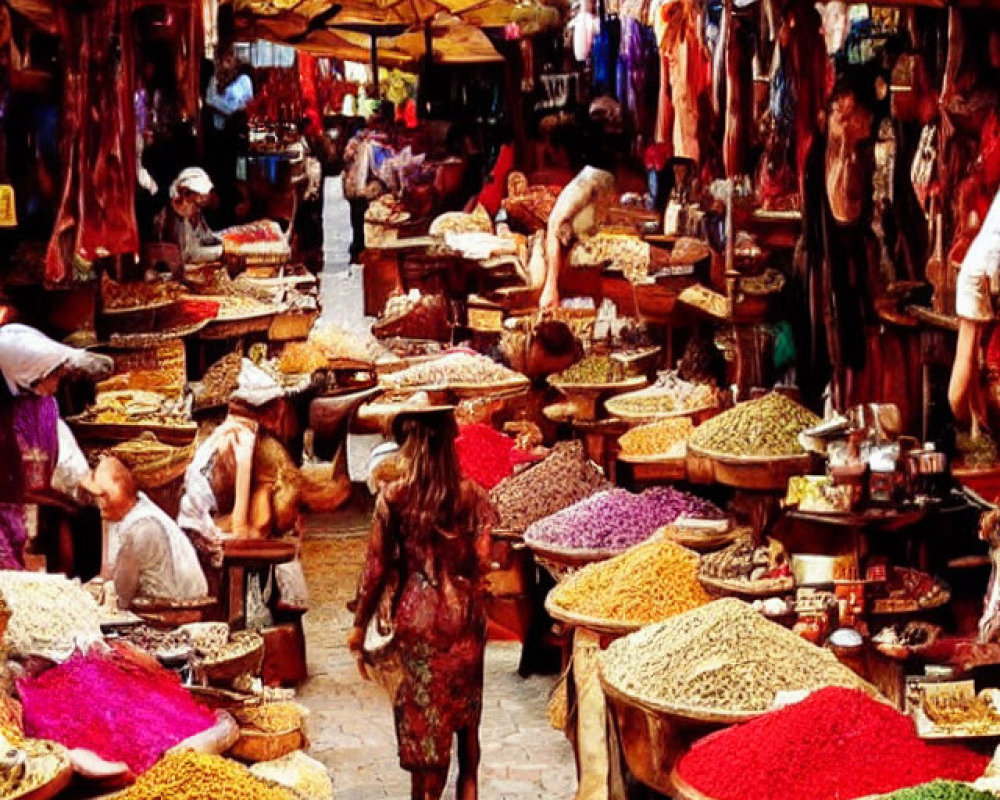 Vibrant spices and bustling market scene with warm lighting.