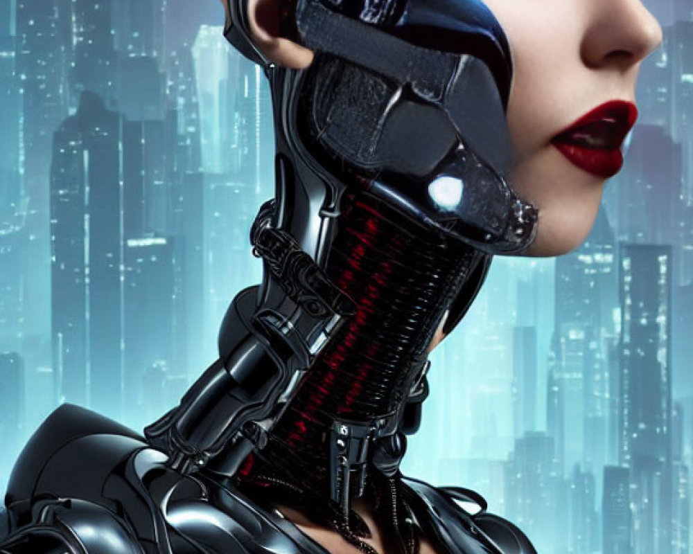 Female cyborg with cybernetic neck and jawline against futuristic city skyline